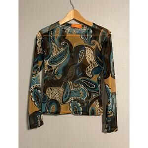 Quinze Heures Trente Womens Top Medium Paisley Mesh Sheer Long Sleeve Grunge Y2K